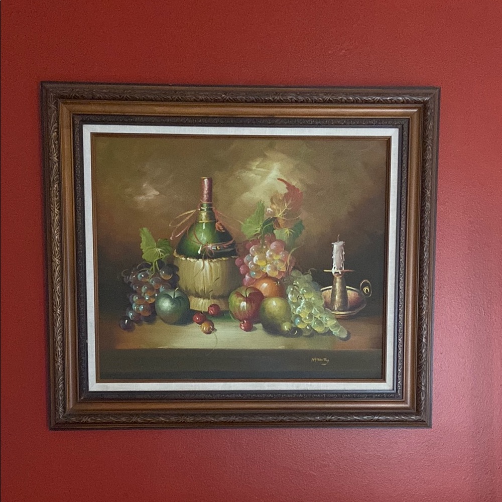 Vintage Still Life Framed Painting | Wine Bottle & Fruit Scene | Traditional Art